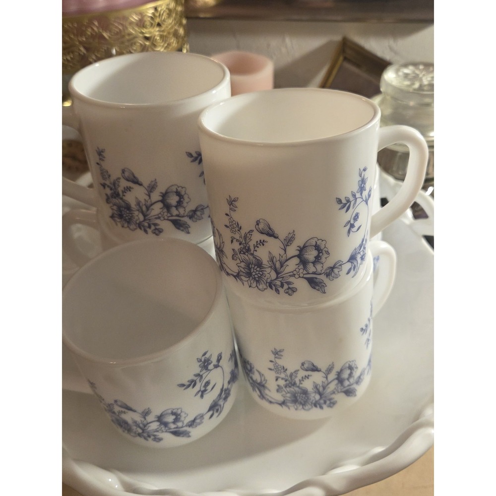 Vintage Arcopal France Coffee Mugs, Glenwood Pattern Set Of 7, Blue And White